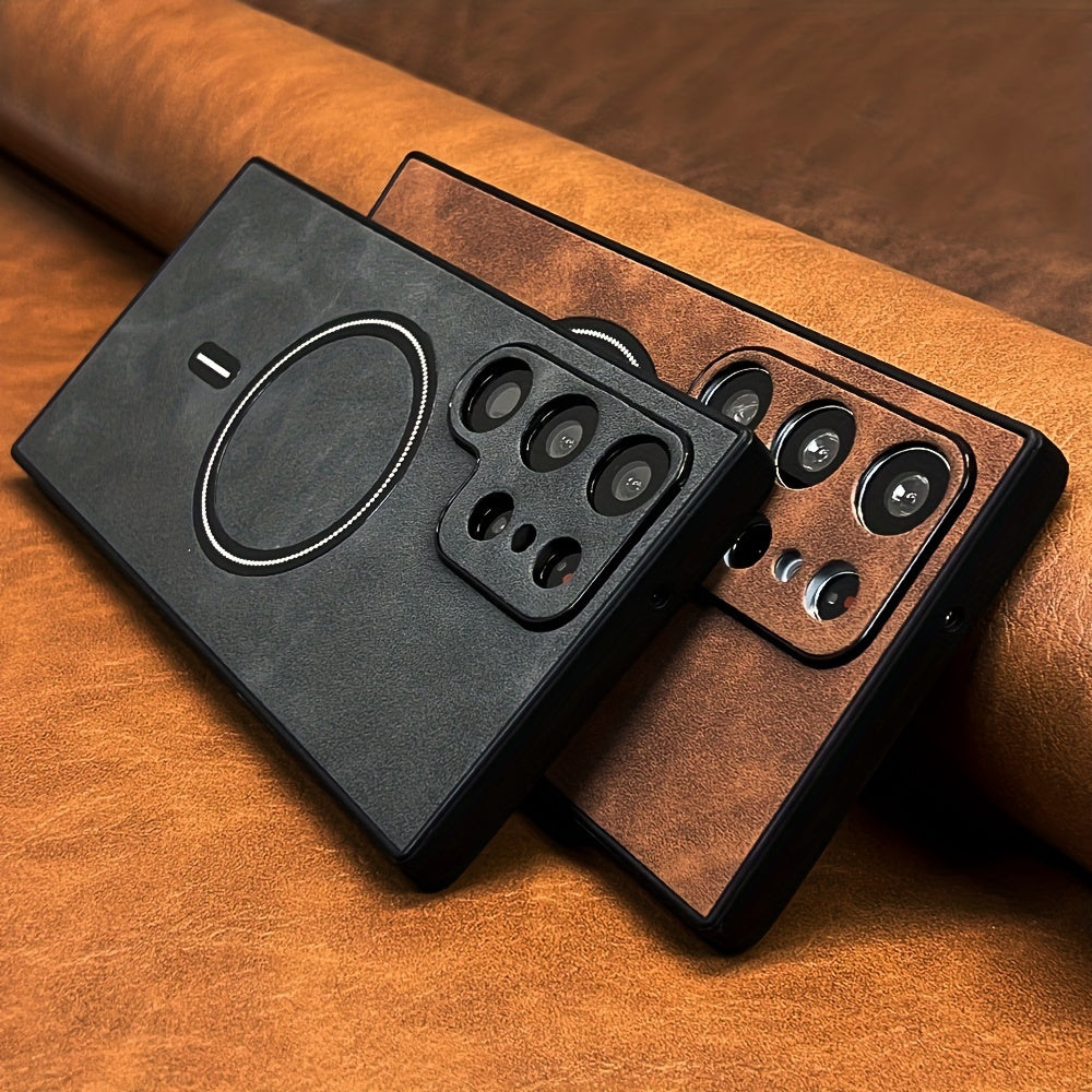Coque de luxe en cuir PU rétro pour Samsung Galaxy, antichoc, compatible charge sans fil, finition mate élégante, protection haut de gamme et design sophistiqué.