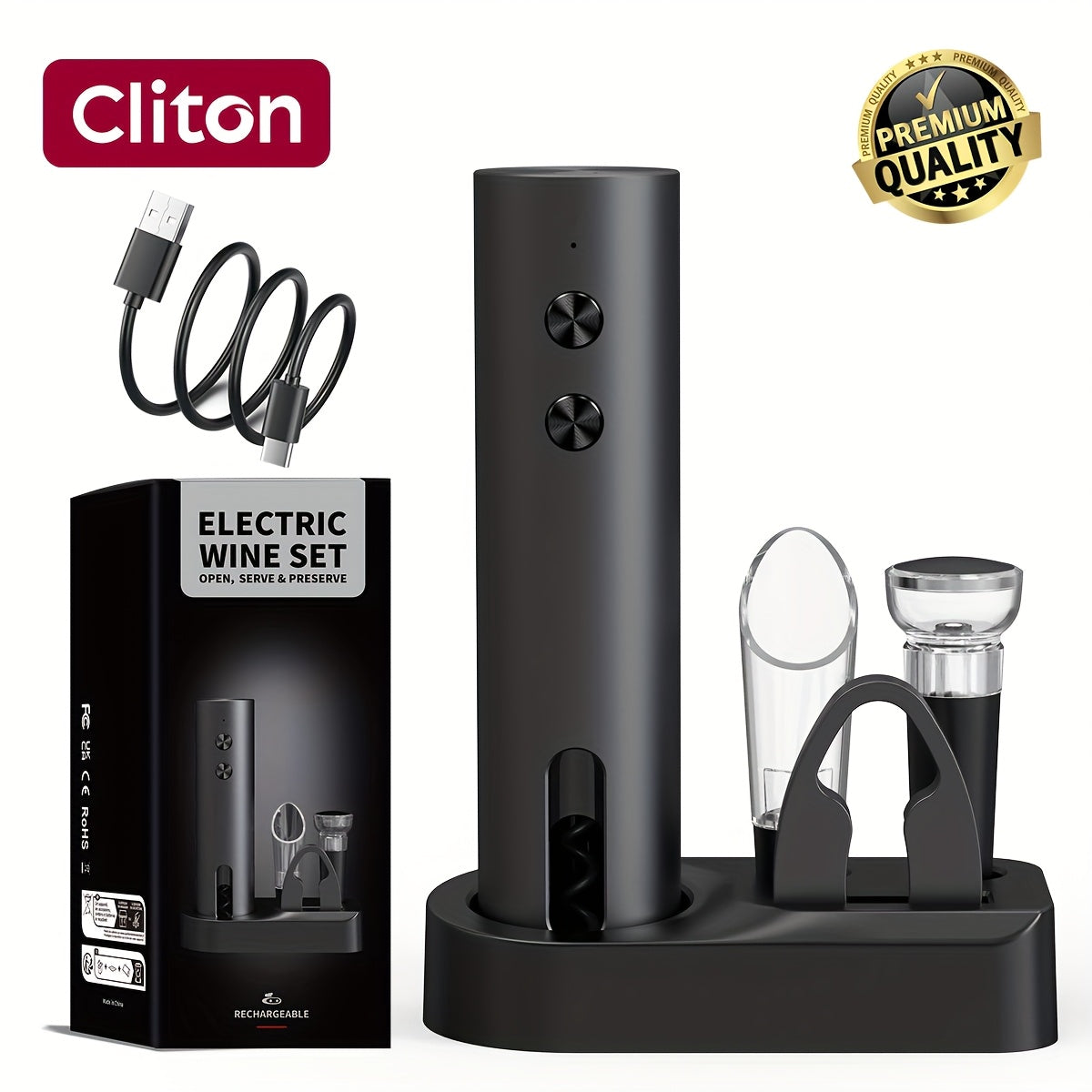 Tire-Bouchon Électrique Rechargeable : Avec coupe-capsule, verseur, bouchon sous vide et base de rangement, charge Type-C, parfait maison, fêtes et cadeaux.