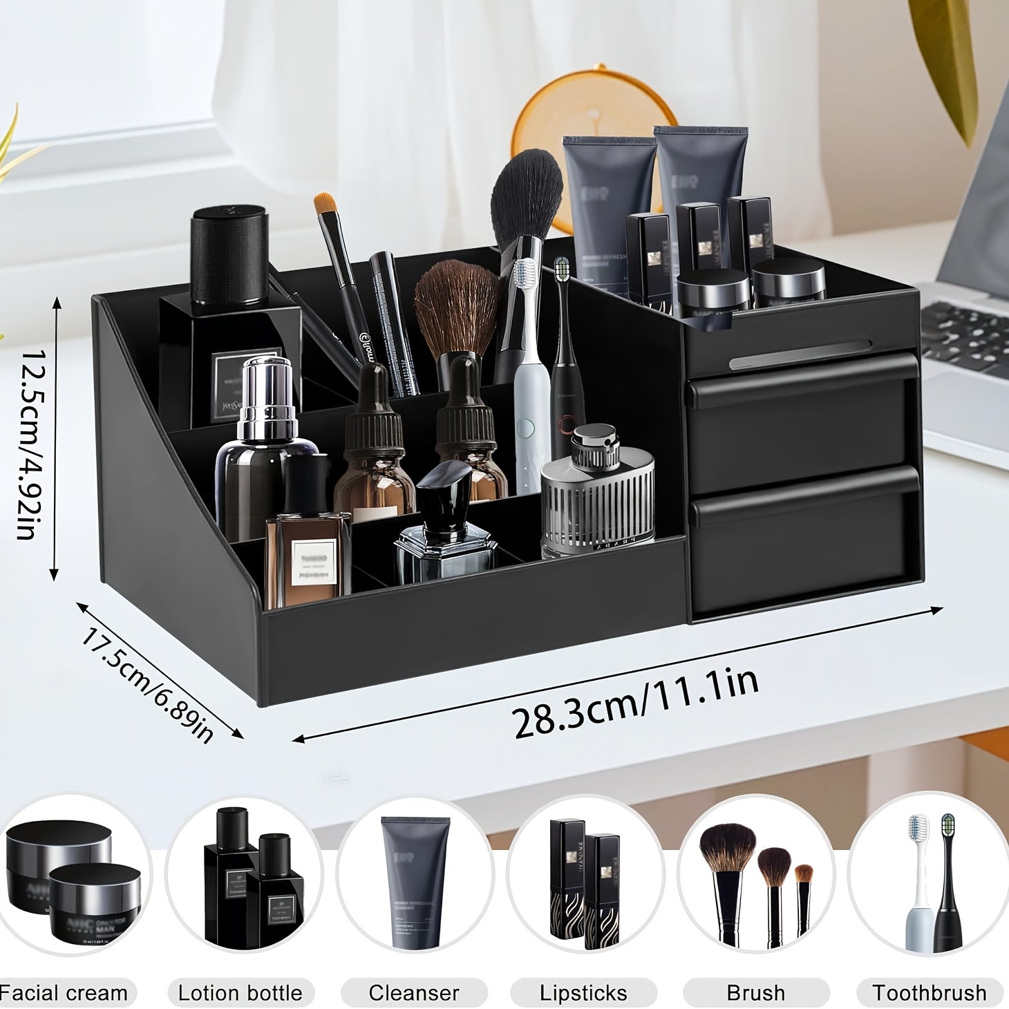 Organisateur pour parfums homme avec tiroirs, rangement soins et toilette, multi-compartiments, design moderne, plastique durable, idéal salle de bain ou coiffeuse.