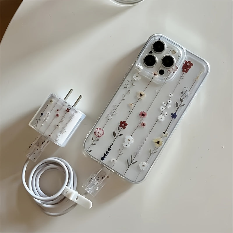 5pcs Set: 1 Transparent Phone Case with Colorful Flower Design + 1 Charger Protector + 2 Cable Protectors + 1 White Soft   Cable Ties Suitable for iPhone 16/16 Pro/16 Pro Max/16 Plus/11/11 Pro/11 Pro Max/12/12 Pro/12 Pro Max/