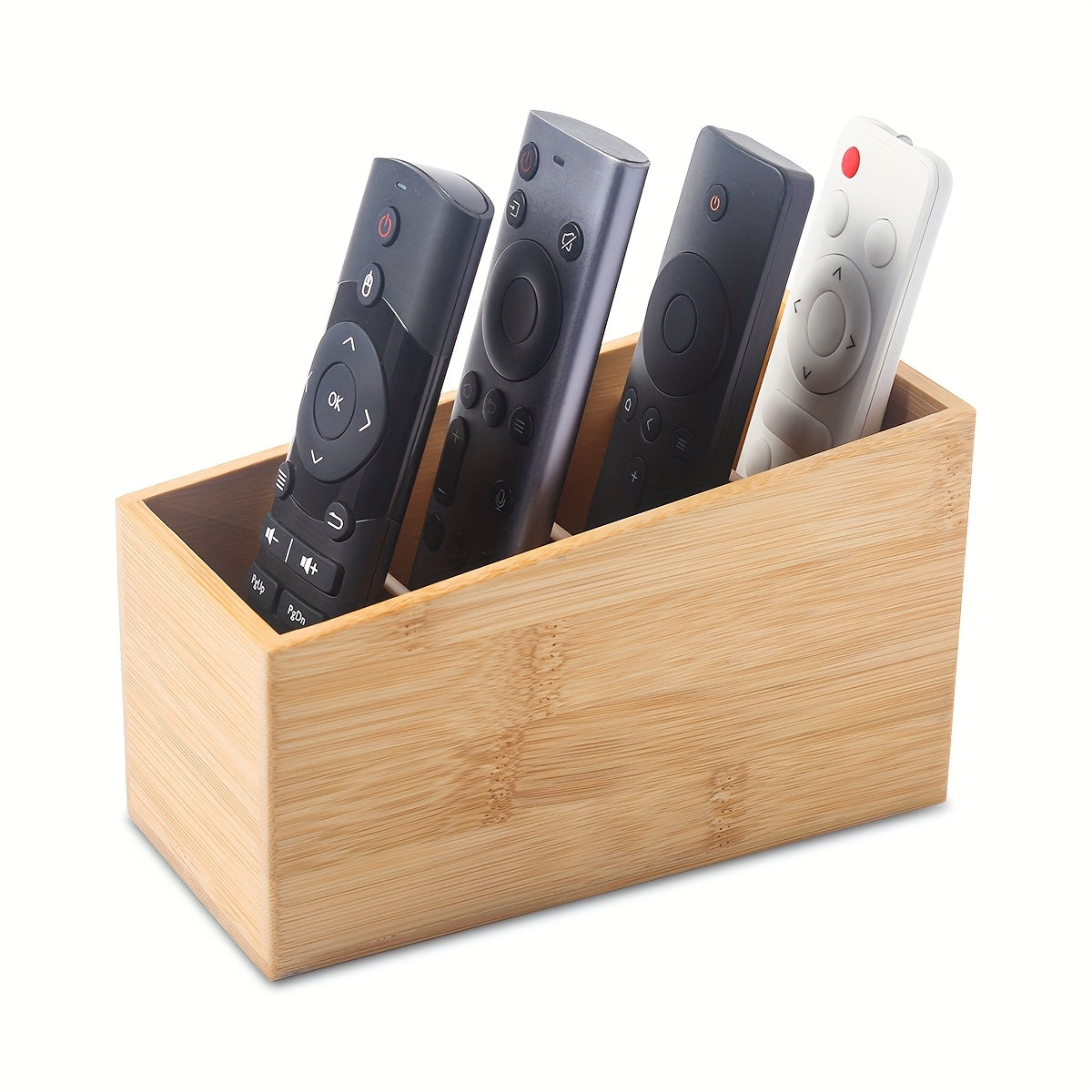 Wooden Remote Control Storage Box with Four Compartments, Suitable for Organizing Remote Controls, Makeup Brushes, And Pens in The Living Room, Bedroom, Or Office.