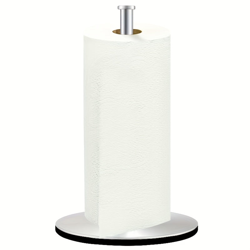 Distributeur essuie-tout en acier inoxydable premium, argenté, base lestée, pratique pour cuisine et rangement organisé.