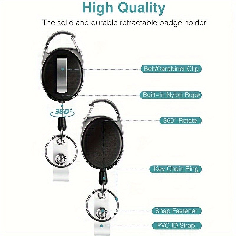 Lot de 3 porte-badges rétractables, rotation 360°, clip ceinture/mousqueton, corde nylon, anneau porte-clés, fermeture rapide, pour cartes et billets.