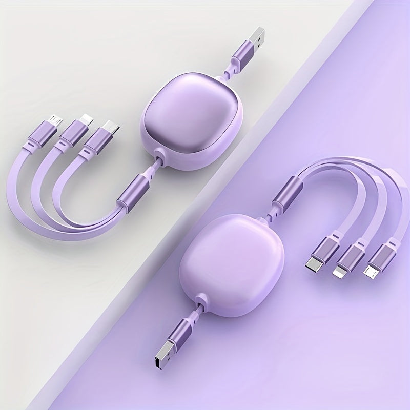 Câble USB rétractable 3-en-1, charge rapide 100 W, compatible USB-C/Micro USB/iPhone, transfert données 480 Mbps, alimentation ≤36 V.