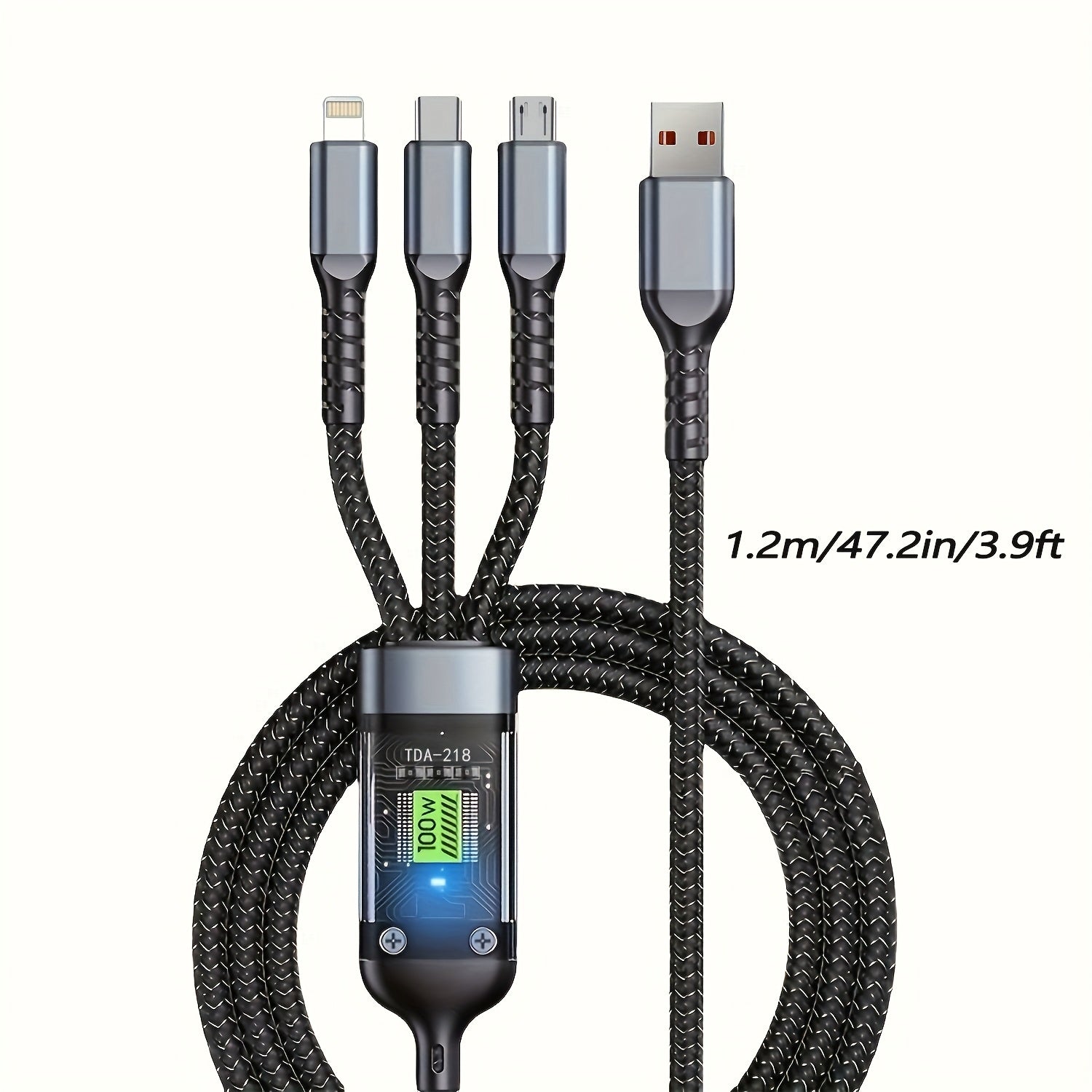 Câble de charge 3-en-1 multi-USB, tressé nylon, ports Type-C et Micro USB, charge rapide, compatible téléphones et tablettes, pratique et durable.