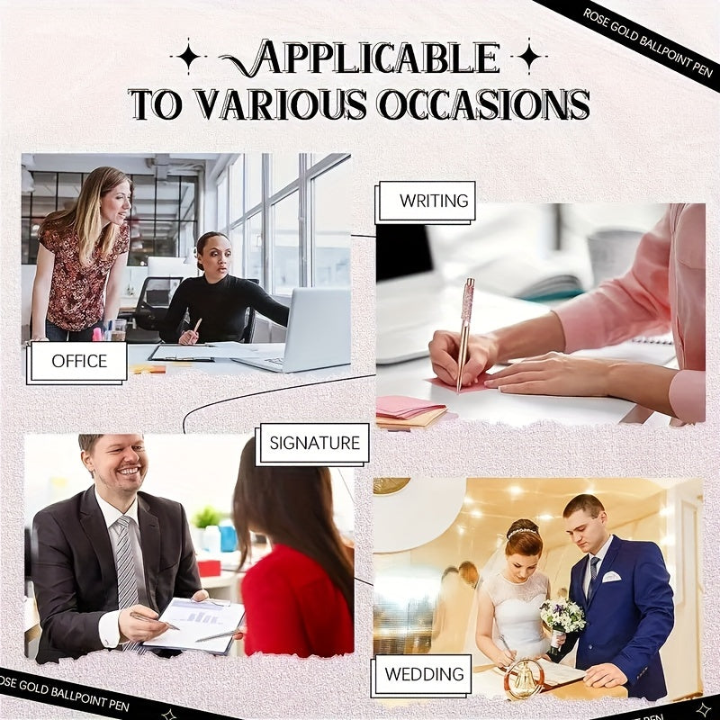 Lot de 8 stylos métalliques rose doré, décor cristaux colorés, élégants, parfaits pour étudiants, bureau, cadeaux et mariages.