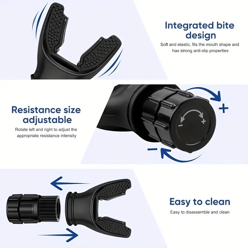 Entraîneur respiratoire réglable avec résistance ajustable, base antidérapante portable, embout ergonomique, améliore capacité pulmonaire pour adultes et sportifs.