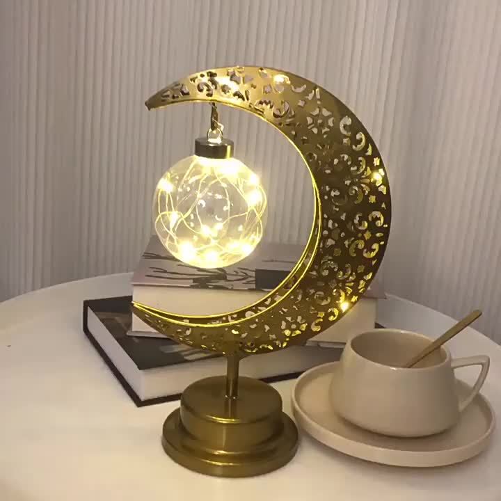 Islamic Crescent Moon &amp; Star LED Table Lamp with Warm White/Golden Light - Muslim Prayer, Ramadan &amp; Eid Decor, Plastic &amp; Golden- Dome for Bedside,, Islamic Décor (-Free -)