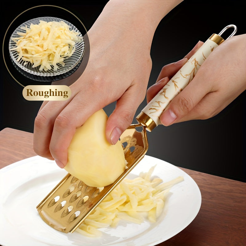 3/1pc grater Stainless steel shredder Household kitchen radish grater potato shreds onion shreds ginger shreds melon fruit vegetable shreds cheese raw grater handle can be held safely without hurting hands, Golden appearance,