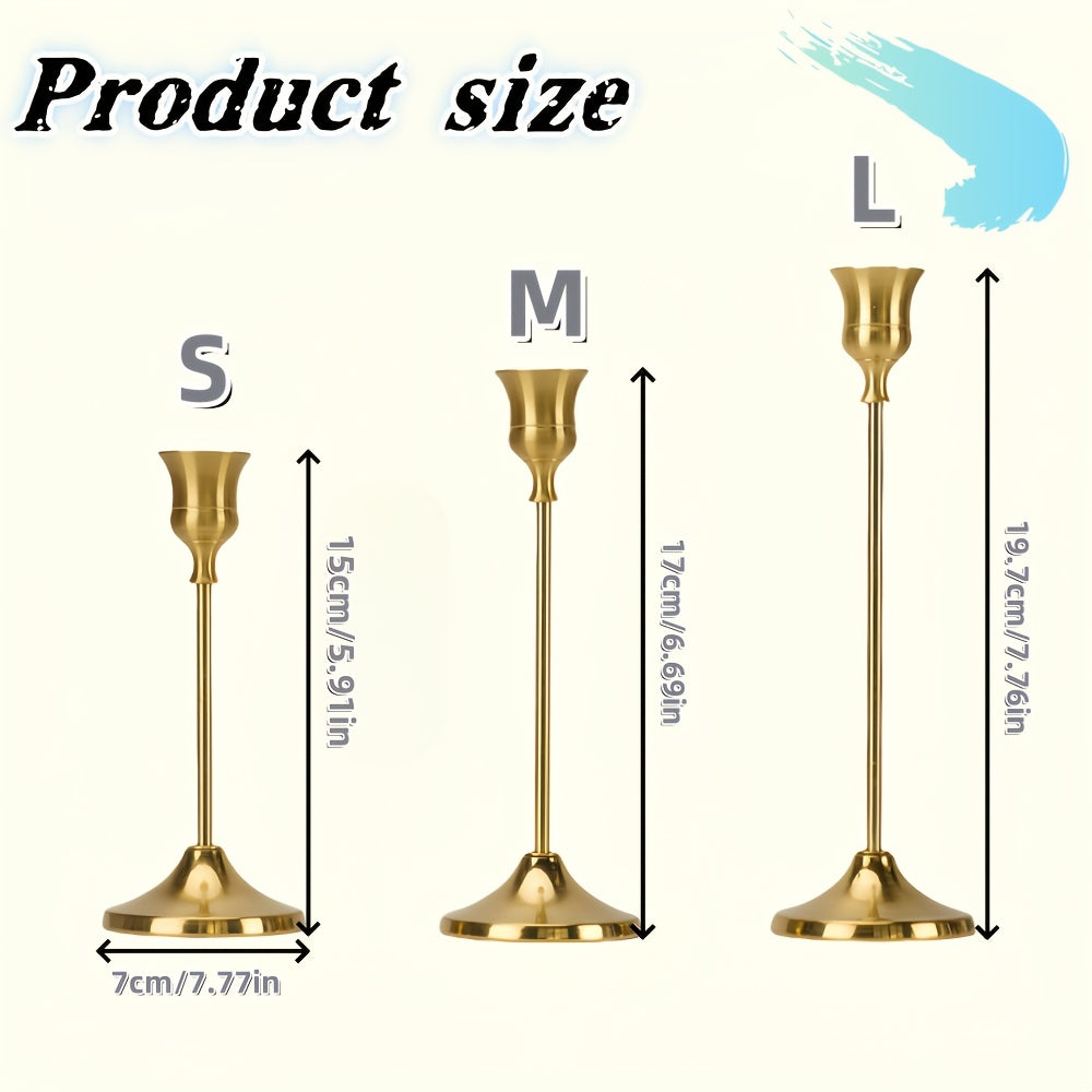 Lot de 3 bougeoirs élégants en laiton doré Design métallique poli, idéal pour mariages, dîners ou décoration maison, bougies non incluses, style moderne et durable.