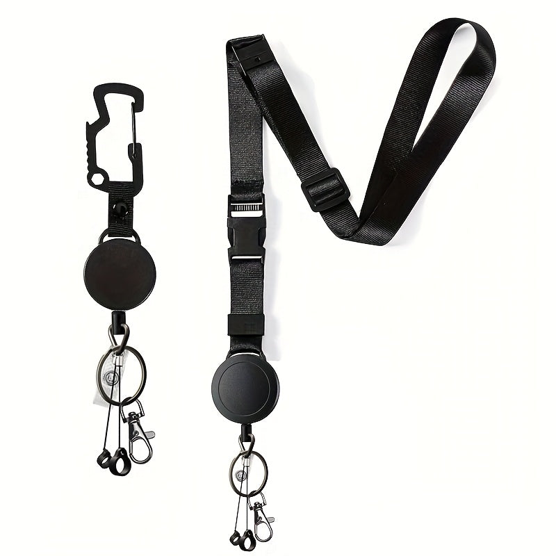 Lot de 2 porte-badges rétractables, lanière ajustable, 2 porte-stylos, clip mousqueton, idéal bureau, cartes et clés sécurisées.