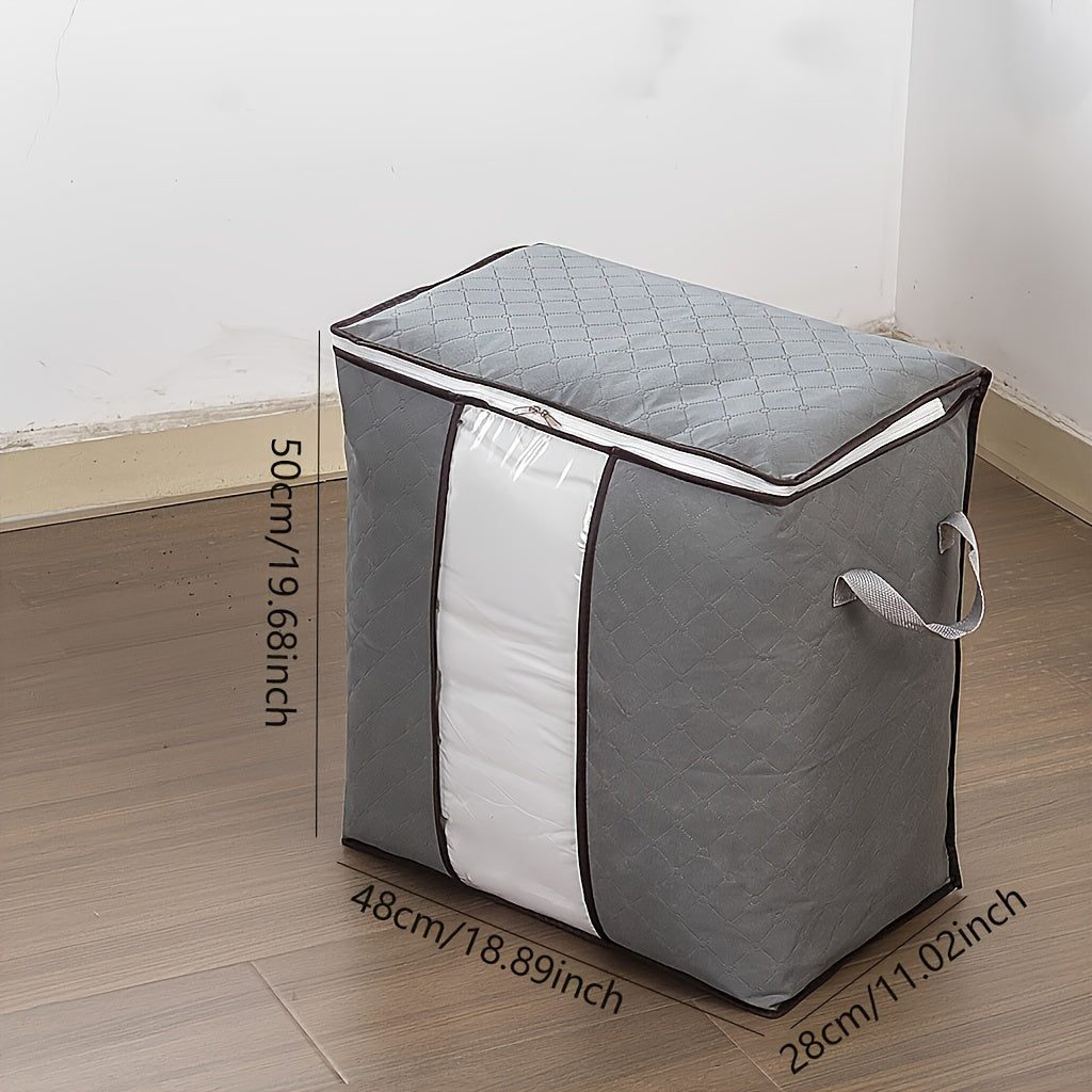 Sac de rangement vêtements grande capacité avec fenêtre transparente, organise vêtements, couvertures ou accessoires, pratique pour placard ou stockage à domicile.