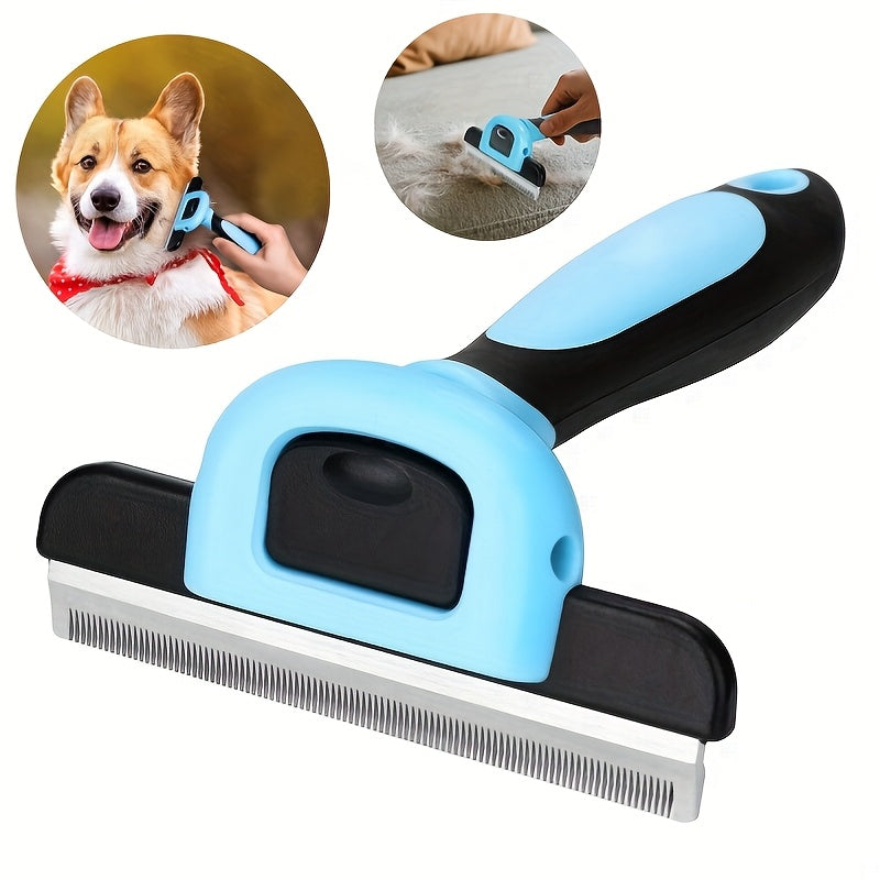 Brosse professionnelle de déshedding pour animaux. Réduit les poils de 95%, ergonomique, sans électricité, design bleu et noir, pour toutes les races.