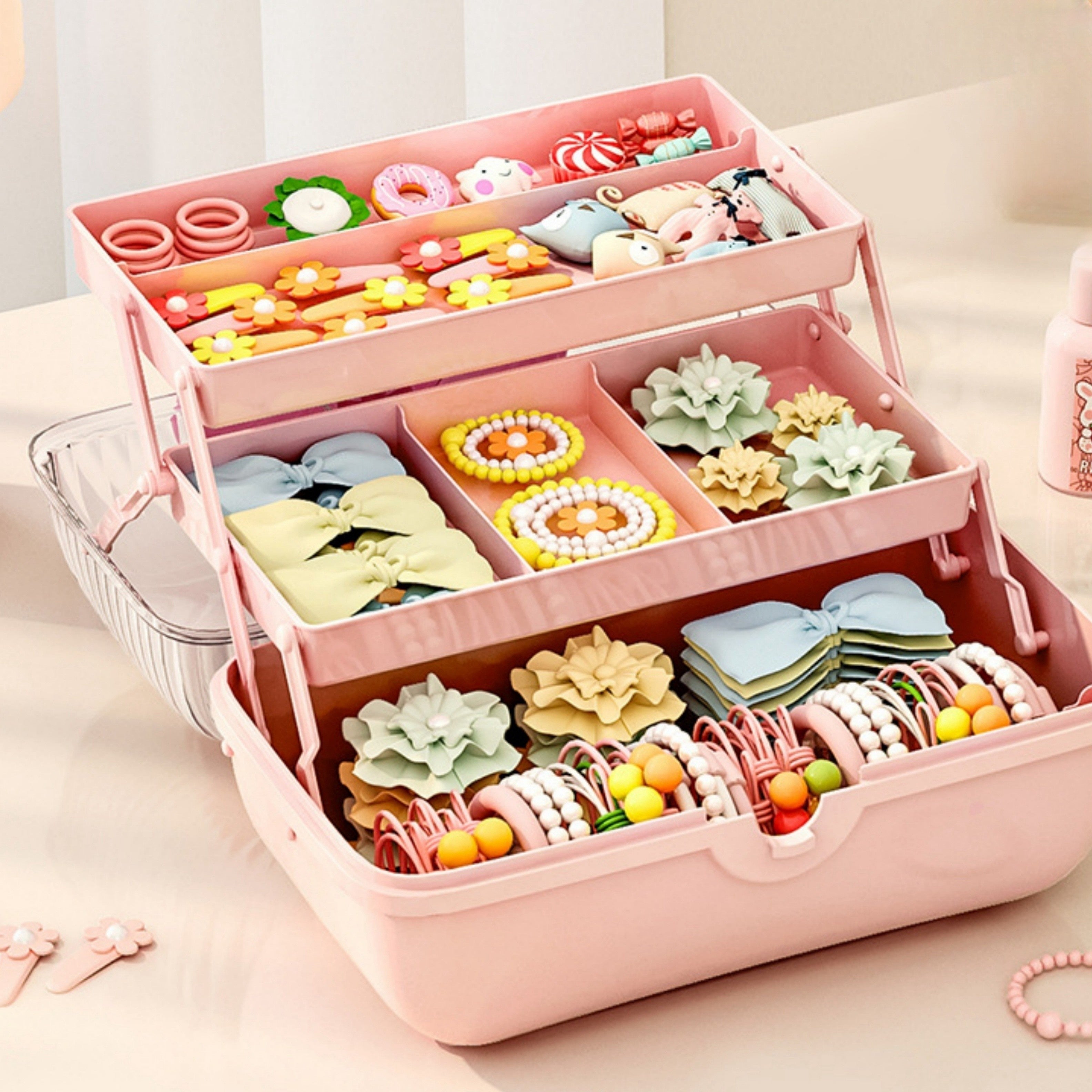 Boîte de rangement de bureau kawaii à plusieurs étages, pivotante, pour jouets, cosmétiques ou accessoires cheveux, idéale chambre, bureau ou salle de bain.