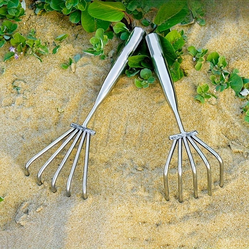 1-Pack Heavy-Duty Stainless Steel Garden Rake with 5-Tine Claws - Manual Leaf Collector, Soil Leveler &amp; Weed Puller - Rust-Resistant Lawn, Beach, Yard Tool - No Electricity Needed - Ideal for Home, Professional, and Gardening