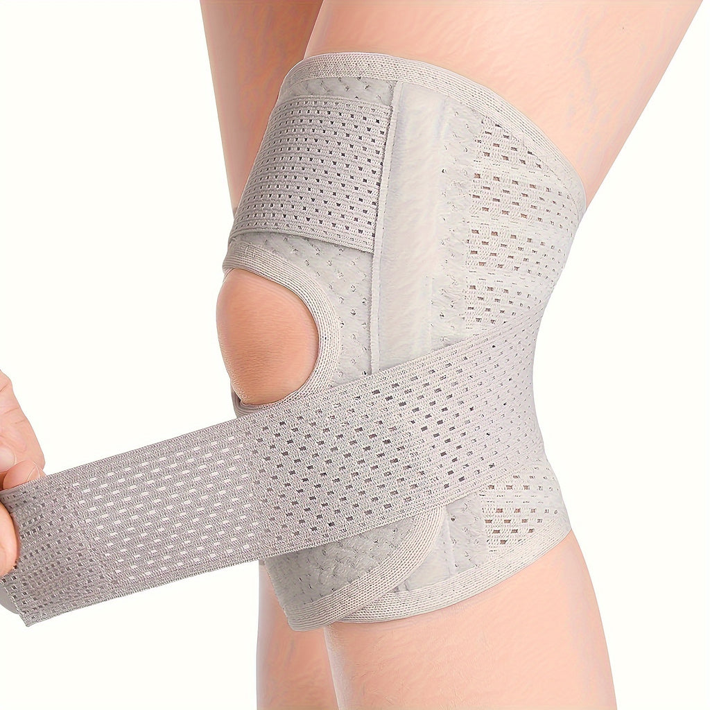 Genouillère ajustable compressive, maintien rotulien, respirante avec bandes élastiques et sangles pour soutien optimal du genou.
