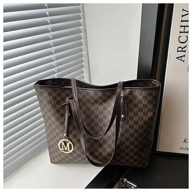 2025 Women's Designer-Inspired Large Tote Bag - Geometric Synthetic Leather Handbag with Detachable Golden Chain Strap &amp; 'M' Monogram Accent, Lightweight Work Purse for Office, School, Shopping - Coffee Brown, Beige, Black -