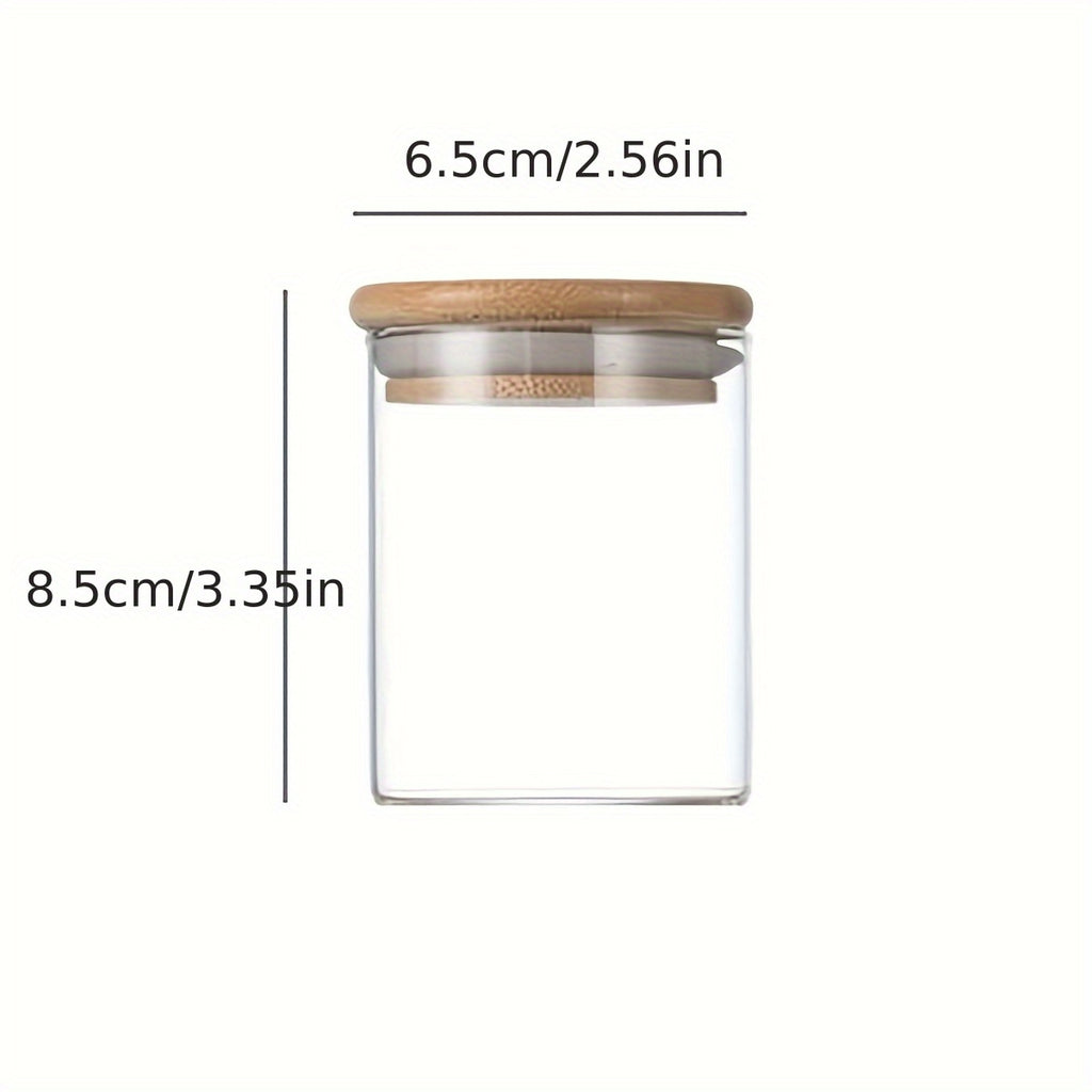 Lot de 4 bocaux de rangement Verre borosilicaté transparent, couvercles bois scellés, idéal pour thé, café, sucre, bonbons, épices, cuisine et organisation maison.