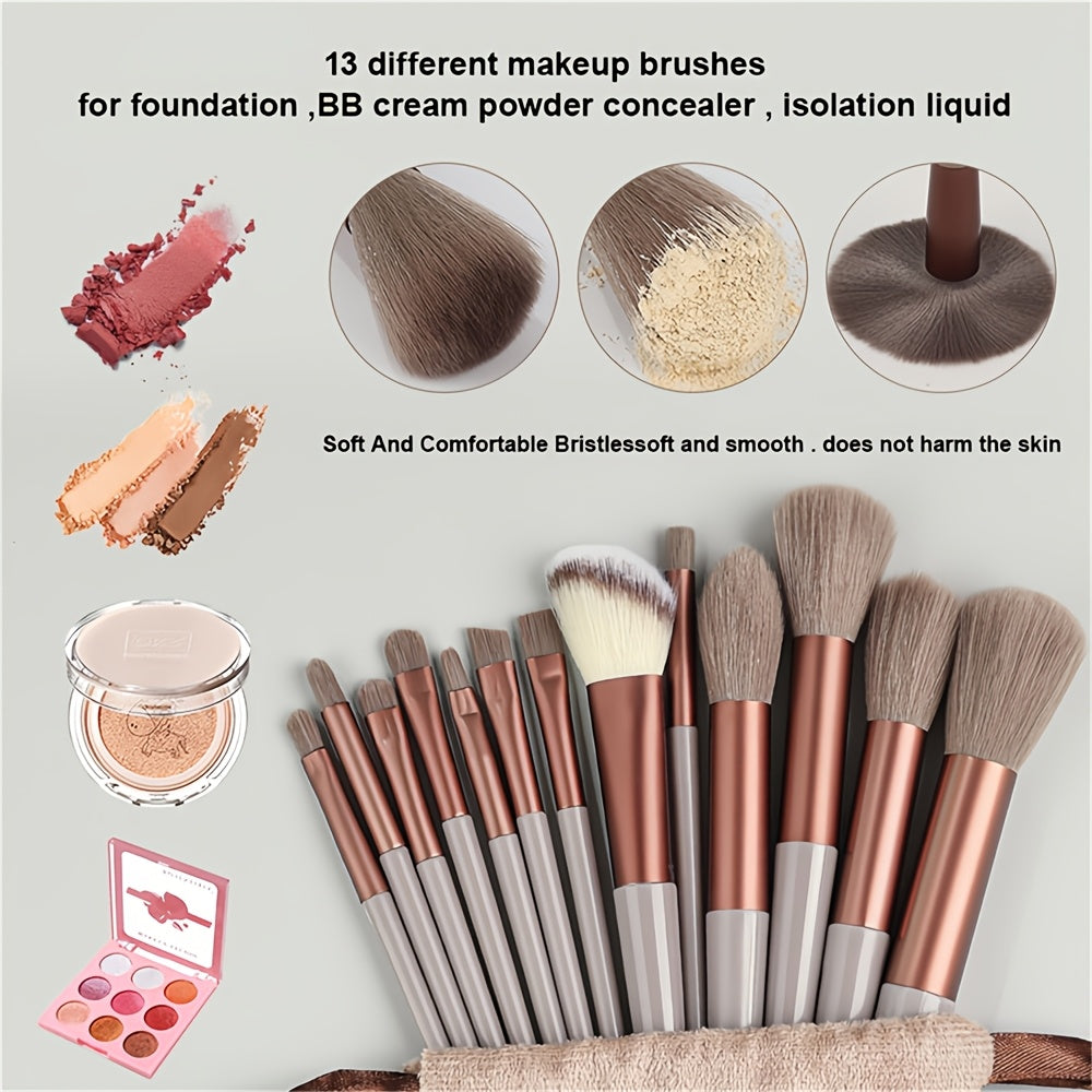 Set de 8 ou 13 pinceaux de maquillage à poils synthétiques doux, incluant fond de teint, fard à paupières, rouge à lèvres, idéal débutants et pros.