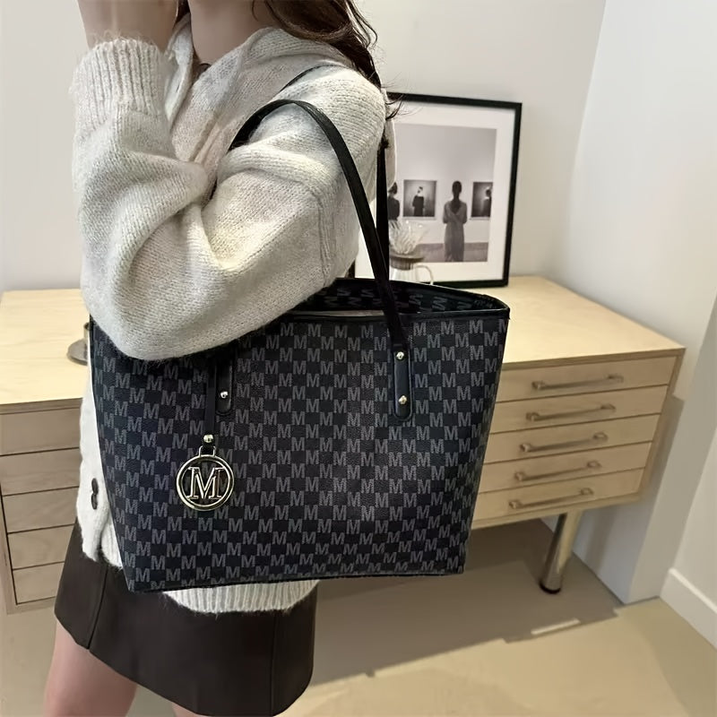 2025 Women's Designer-Inspired Large Tote Bag - Geometric Synthetic Leather Handbag with Detachable Golden Chain Strap &amp; 'M' Monogram Accent, Lightweight Work Purse for Office, School, Shopping - Coffee Brown, Beige, Black -