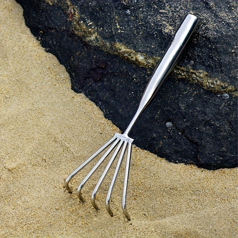 1-Pack Heavy-Duty Stainless Steel Garden Rake with 5-Tine Claws - Manual Leaf Collector, Soil Leveler &amp; Weed Puller - Rust-Resistant Lawn, Beach, Yard Tool - No Electricity Needed - Ideal for Home, Professional, and Gardening