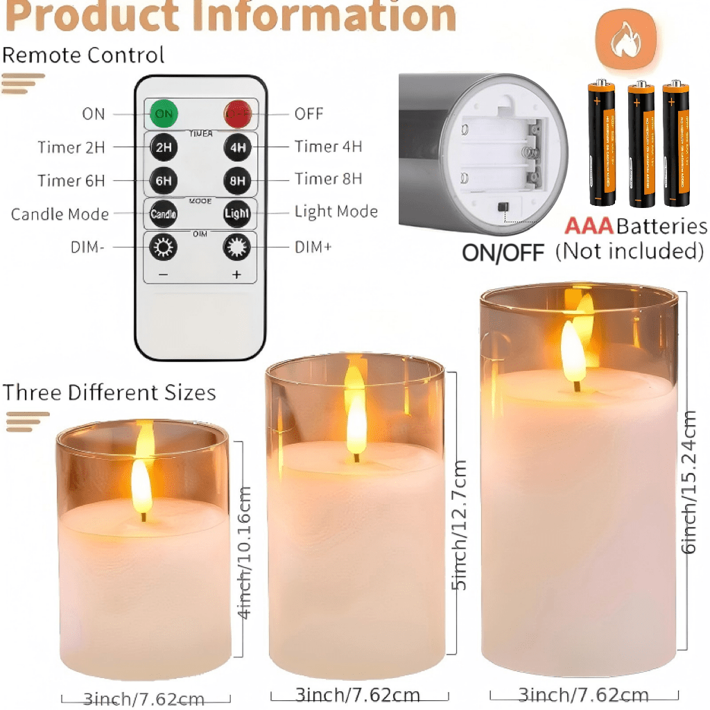 مجموعة من 3 شموع LED بلاستيكية أكريليك بدون لهب | جهاز تحكم عن بعد ومؤقت لمدة 2/4/6/8 ساعات، تأثير وميض واقعي، تعمل ببطارية AAA (باستثناء البطاريات) لأعياد الميلاد وديكور المنزل والحفلات والهالوين وحفلات الزفاف - للاستخدام اليومي