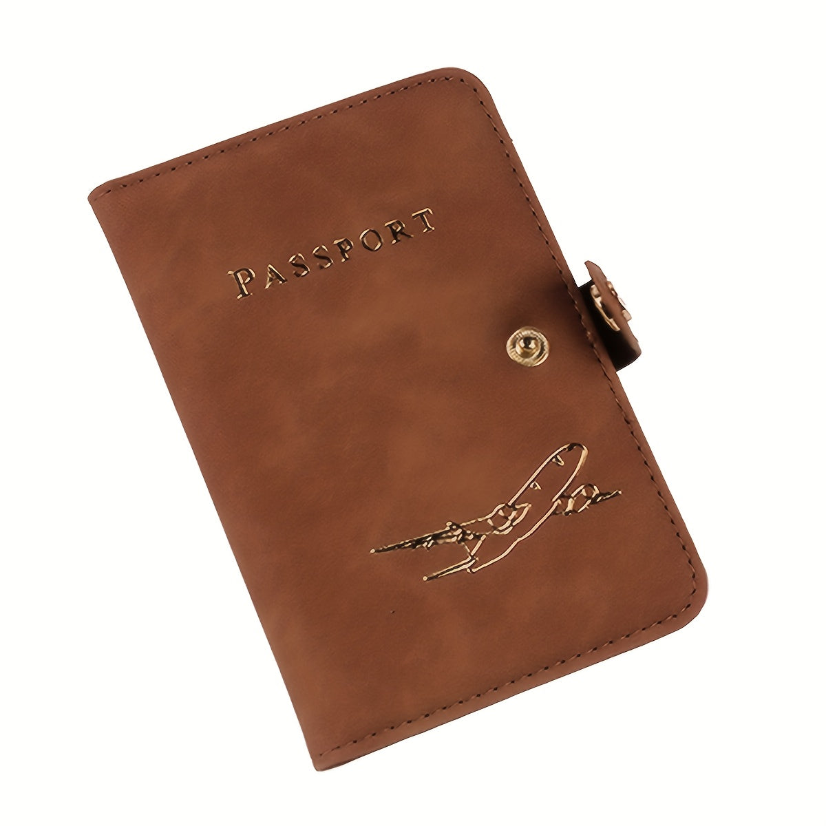 Porte-passeport en simili cuir élégant Résistant, multiple emplacements cartes, bords cousus, design avion doré, parfait pour étudiants, couples et voyageurs.