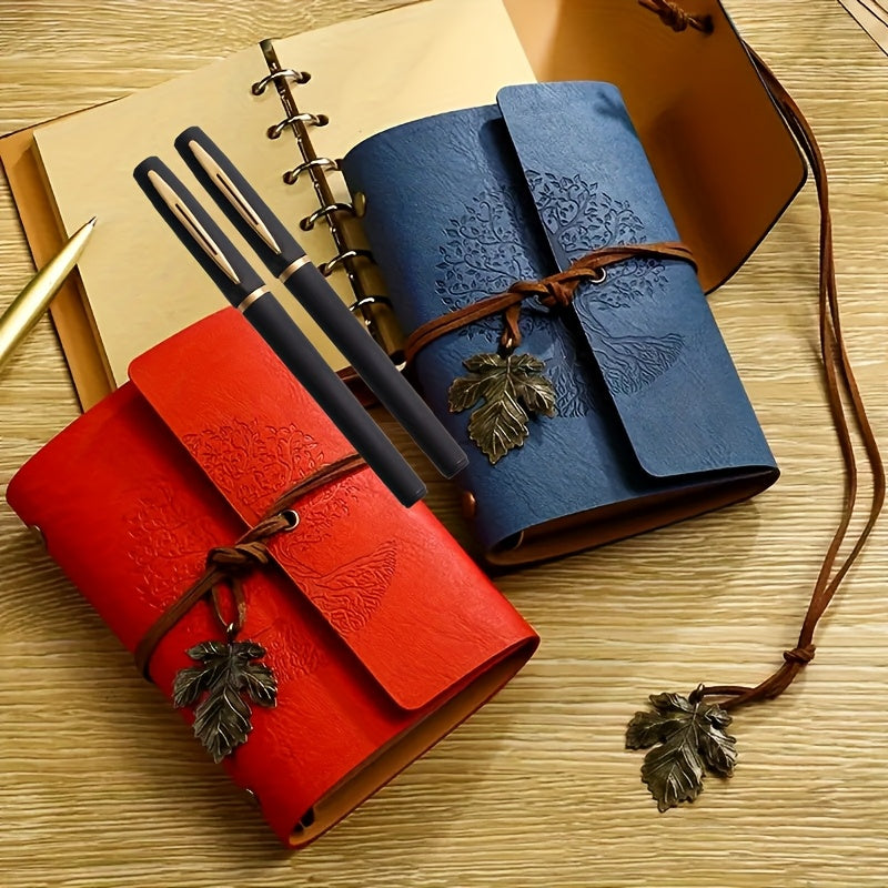 Coffret 3 pièces : carnet spiral vintage en cuir PU et 2 stylos gel noir et doré, design arbre, idéal pour écriture, croquis et voyage.