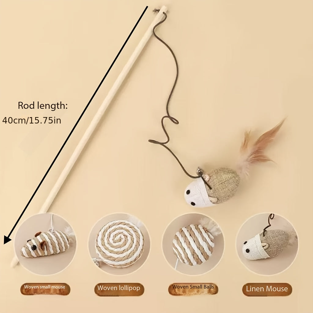 Set de 4 baguettes interactives en corde de jute pour chats, avec cloche et plumes, jouet durable, sans batterie, stimule jeu et activité.
