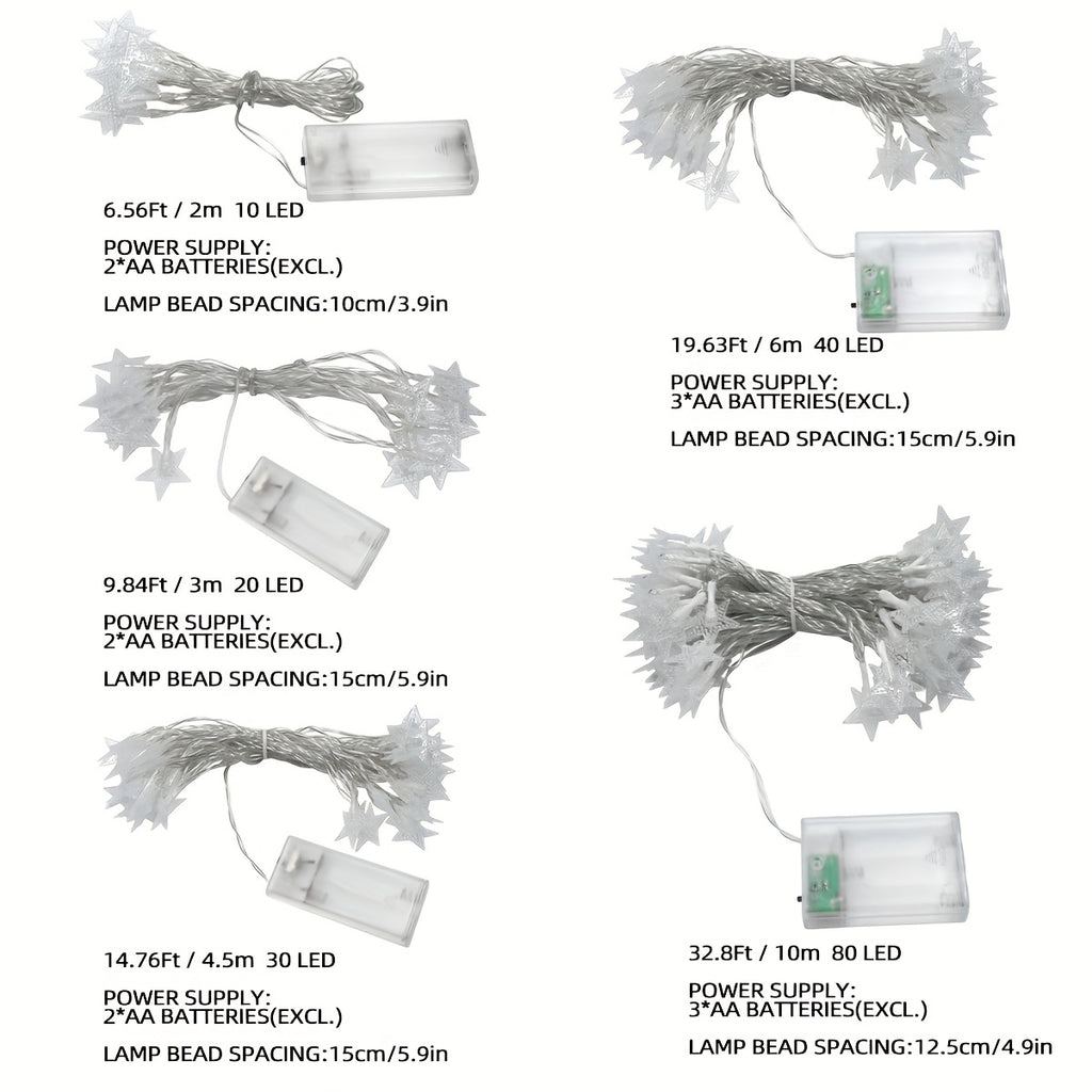 Guirlande lumineuse LED étoiles 10 à 80 LED, alimentée par piles, idéale pour décoration intérieure et extérieure, mariages, fêtes, Noël, jardin ou événements spéciaux.