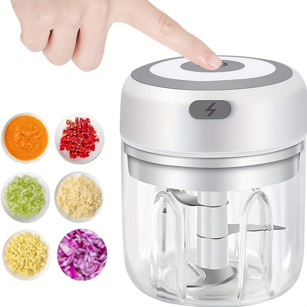 Mini robot culinaire 250 ml avec 3 lames en acier inoxydable, hache viande, légumes et fruits, compact, électrique, pratique pour préparation repas maison.