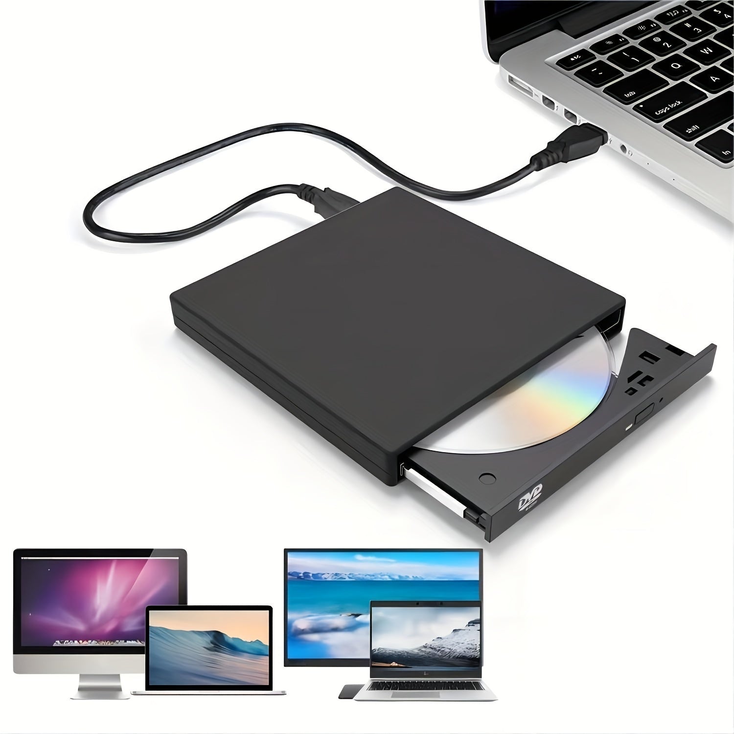 Lecteur/Graveur CD/DVD Externe USB 2.0 : Design slim et portable, compatible PC et laptop, lecture et gravure CD-RW/DVD-RW facile.