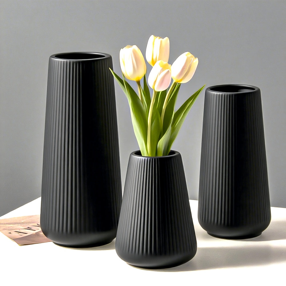 مجموعة من 3 مزهريات اسكندنافية غير قابلة للكسر - مزهريات زهور بلاستيكية منقوشة لطاولة الطعام، ديكور منزلي باللونين الأسود والأبيض، قطعة مركزية بسيطة للزهور الاصطناعية (24.89 سم/20.07 سم/13.97 سم) هدية