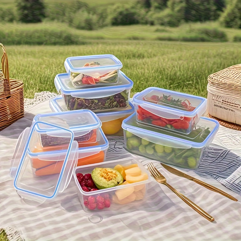 8pcs Set Multi-Size Kitchen Fresh-Keeping Plastic Lunch Boxes | 4 Containers + 4 Lids, Rectangular, Flip Top Closure, Reusable, Microwaveable, Anti-Odor, Ideal for Vegetables, Fruits, Snacks Storage, Freezer Safe, Space-Savin