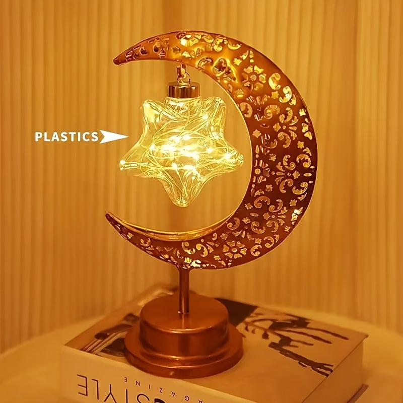 Islamic Crescent Moon &amp; Star LED Table Lamp with Warm White/Golden Light - Muslim Prayer, Ramadan &amp; Eid Decor, Plastic &amp; Golden- Dome for Bedside,, Islamic Décor (-Free -)