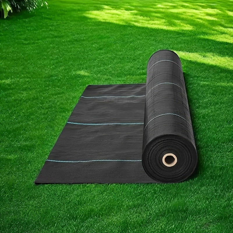 Rouleau de tissu paysager noir en PP non tissé, bordures vertes, durable, bloque les mauvaises herbes, perméable à l’eau, idéal potager et massifs floraux.