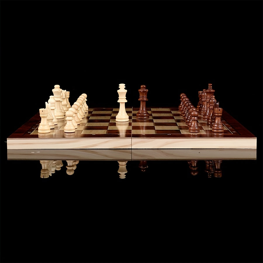 Jeu d’échecs en bois 3‑en‑1, pliable et portable, tailles 24 cm et 34 cm, idéal pour parties à emporter.
