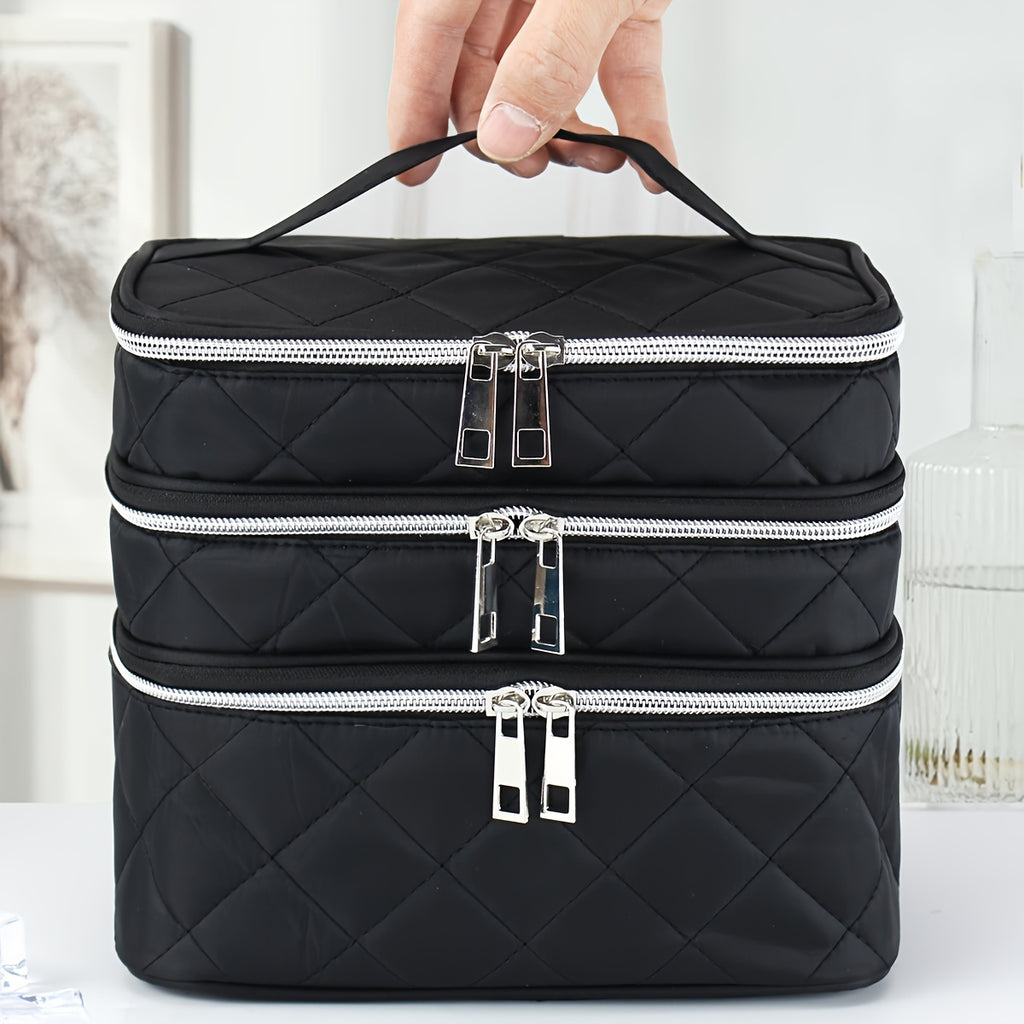 Large Capacity Black Rhombus &amp; Travel Organizer Handbag - 3-Tier/Double-Layer Portable Makeup Case with Golden-Tone Zippers, White Piping Trim, Durable Multi-Compartment Storage for, Spacious for Brushes, Lipstick, Electronic