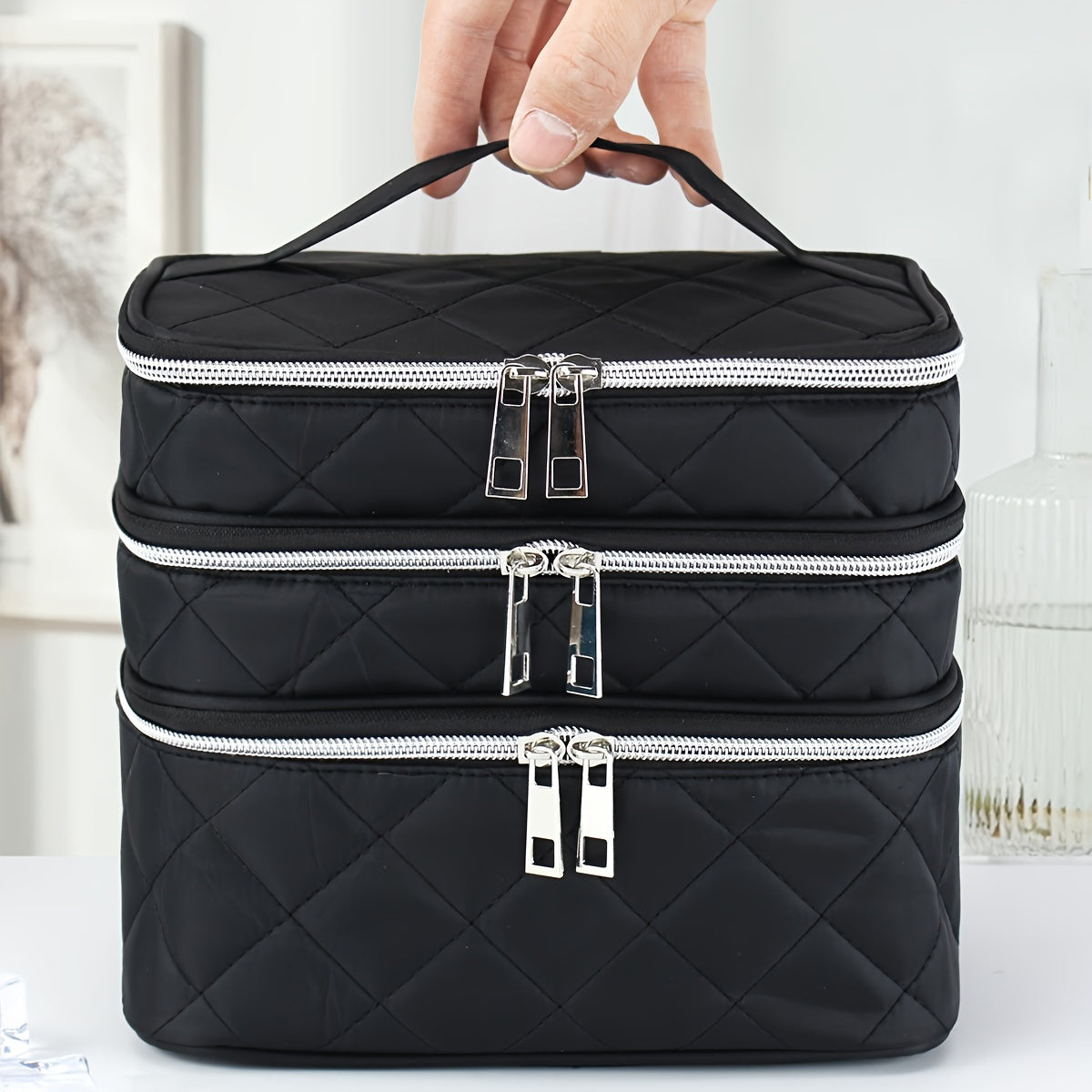 Large Capacity Black Rhombus &amp; Travel Organizer Handbag - 3-Tier/Double-Layer Portable Makeup Case with Golden-Tone Zippers, White Piping Trim, Durable Multi-Compartment Storage for, Spacious for Brushes, Lipstick, Electronic