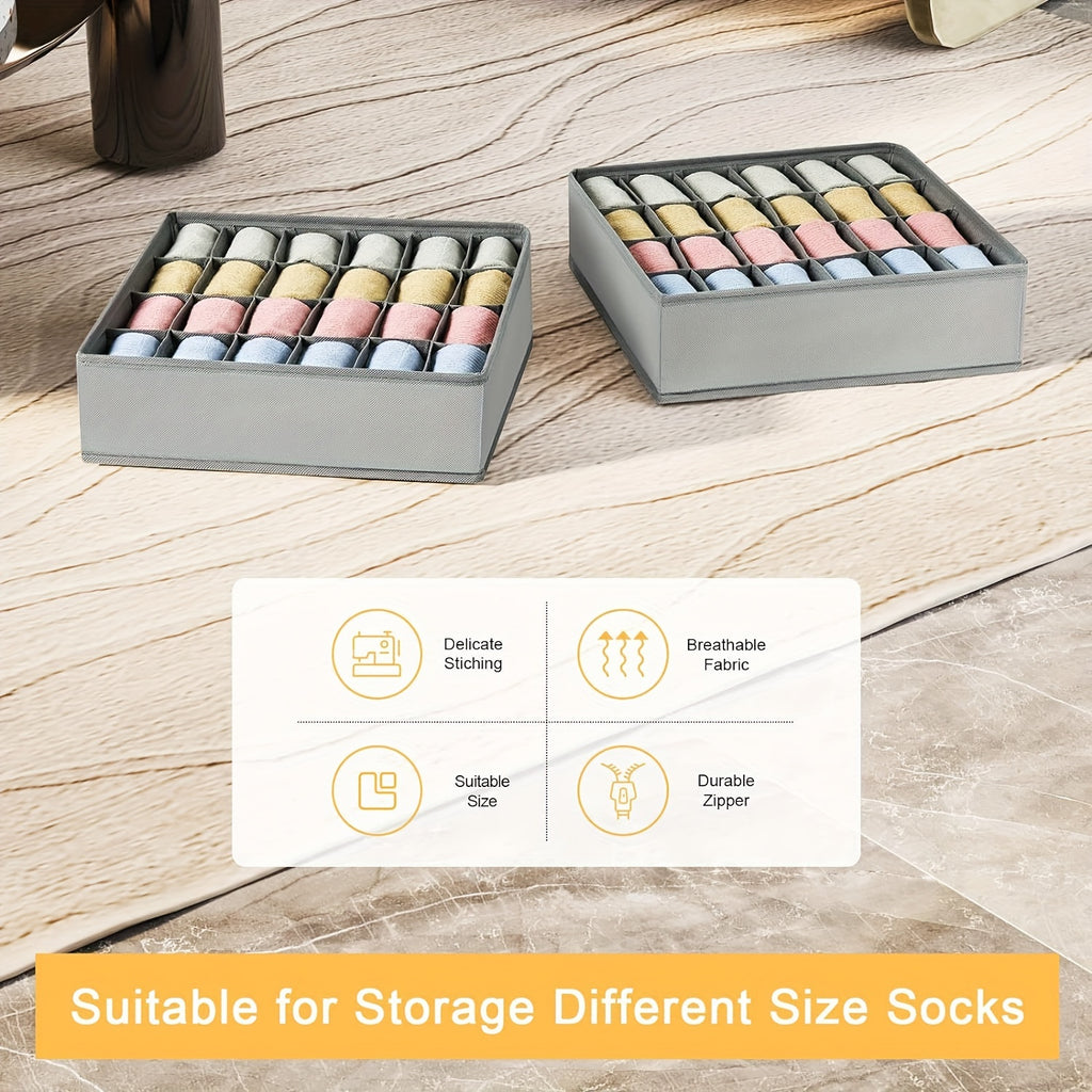 Set of 2 grey fabric storage boxes, 24 compartments, foldable and stackable, perfect for socks, ties and underwear.