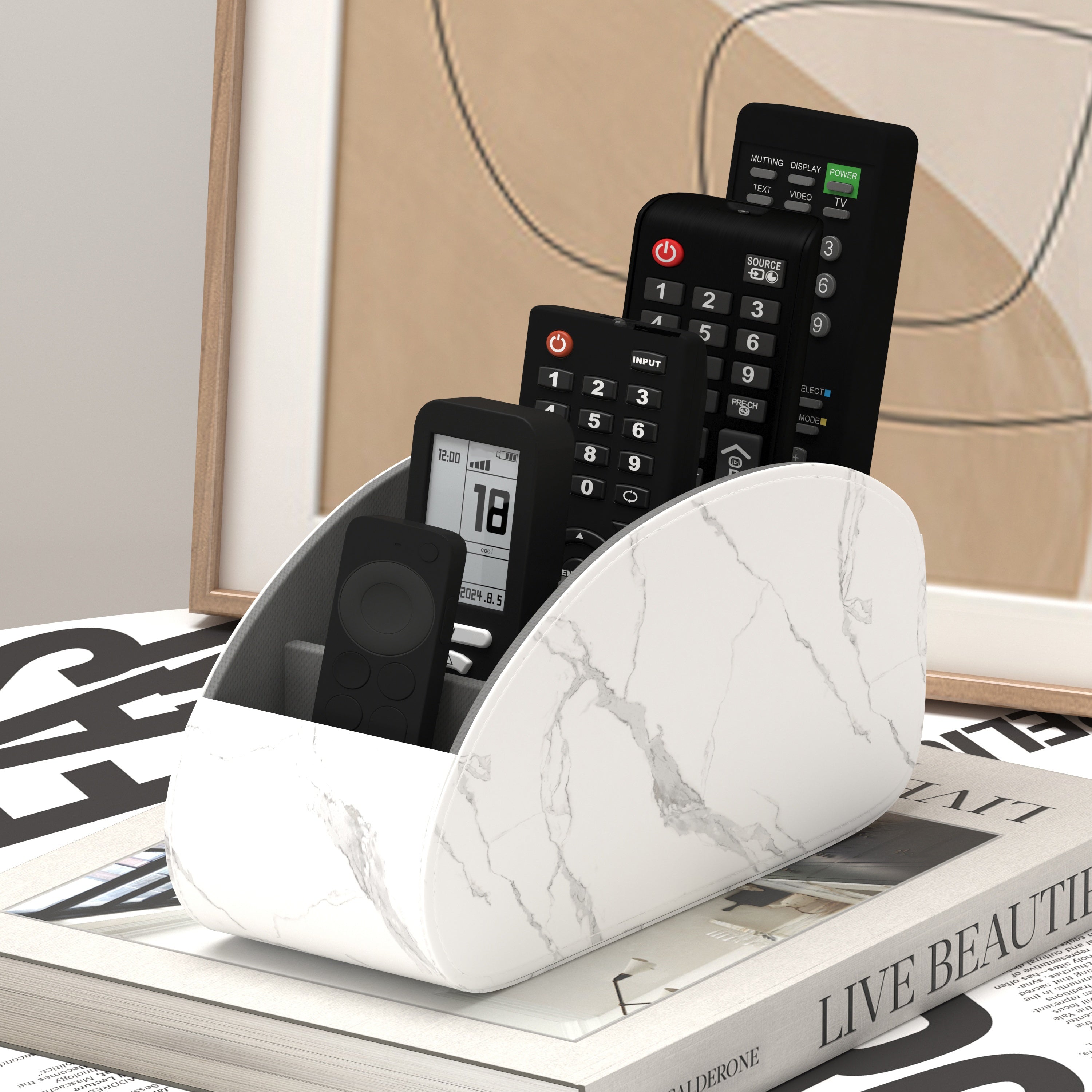 Organisateur pour télécommandes avec 5 compartiments, compatible TV et box, plateau gain de place pour salon, bureau ou chambre, rangement pratique pour accessoires.