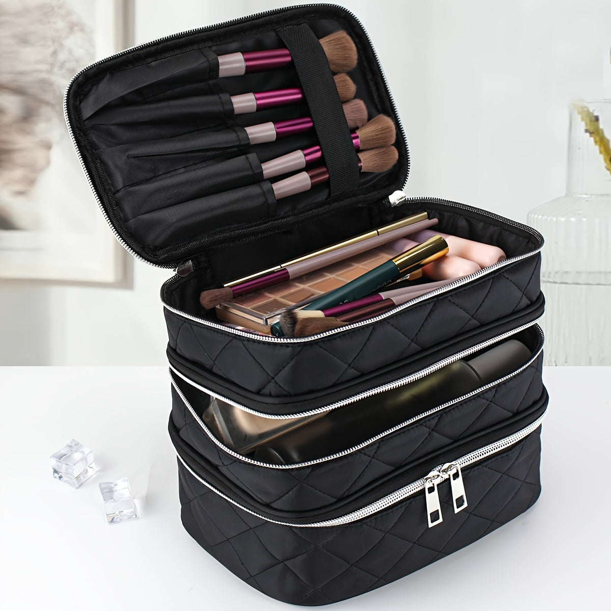 Large Capacity Black Rhombus &amp; Travel Organizer Handbag - 3-Tier/Double-Layer Portable Makeup Case with Golden-Tone Zippers, White Piping Trim, Durable Multi-Compartment Storage for, Spacious for Brushes, Lipstick, Electronic