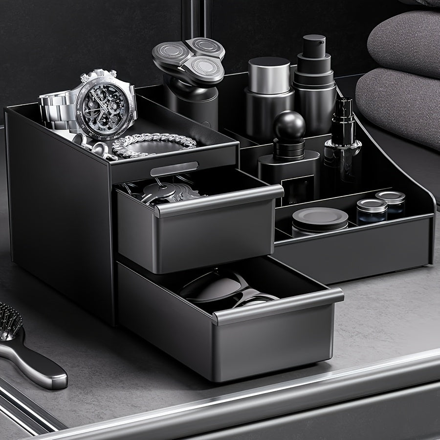 Organisateur de comptoir pour homme en plastique, compartiments multiples et étagères réglables, rangement moderne pour parfums, soins et articles de toilette, gain de place.