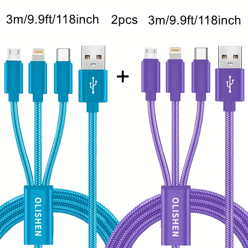 2pcs 3-in-1 Fast Charging Cable | Durable Nylon Braided, Compatible with iPhone, Samsung, Xiaomi, Oppo, Vivo, Redmi, OnePlus & More, Supports USB Charging, 10W Output Power