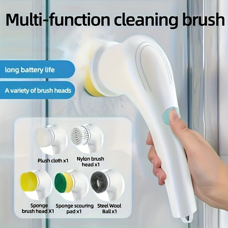 Brosse électrique magique avec 5 têtes, USB rechargeable, multi-usages cuisine, salle de bain, sols et carreaux, nettoie facilement pots et vitres.