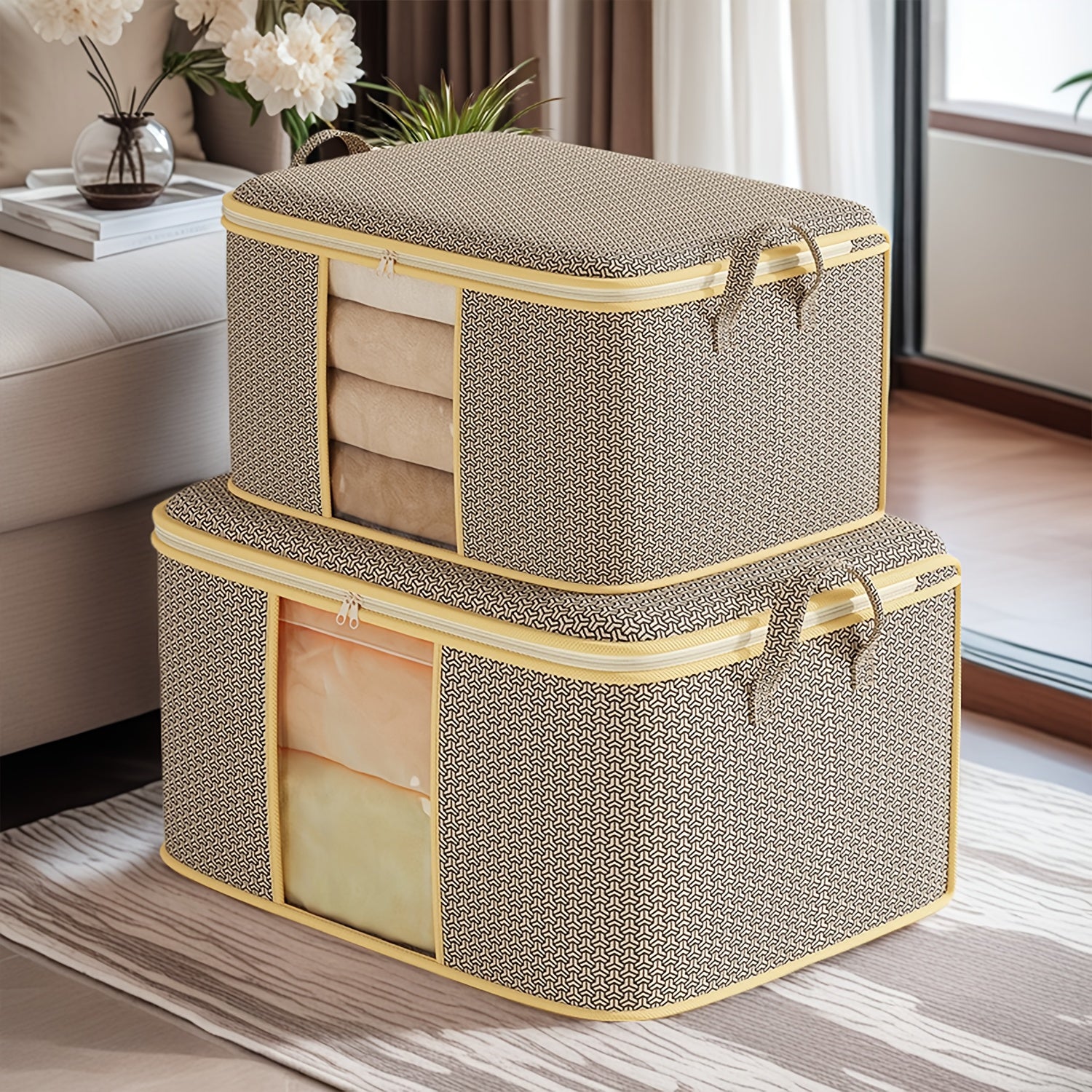 TUZA 1pc Large Heavy-Duty Soft Non-Woven Fabric Storage Bag with Zipper Closure, 4 Carry Handles &amp; Window - Queen/King Comforter, Bedding, Blanket, Clothes Organizer - Heavy Items Capacity (Bed Pillows, Protectors)