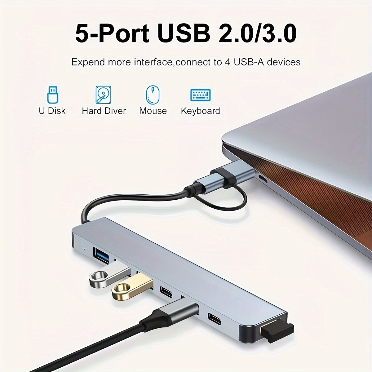 Adaptateur USB 3.0 7-en-1 à haute vitesse, expansion multiport avec connecteurs Type-C et USB-A, compatible tablettes, alimentation USB 5 V.