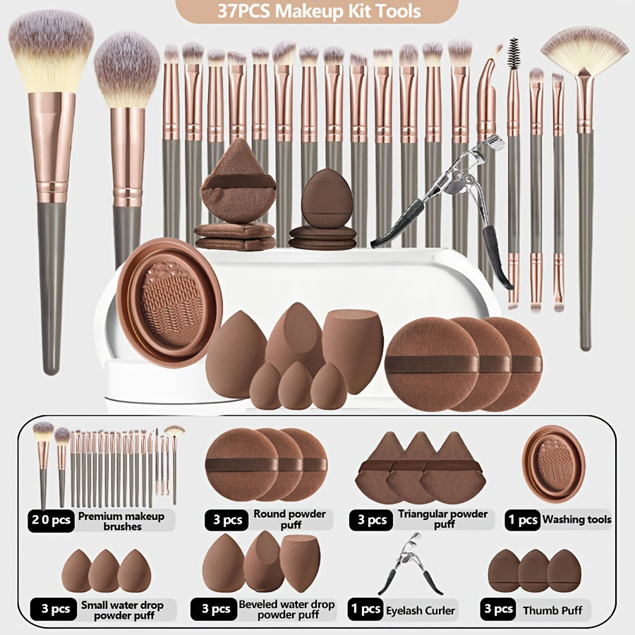 Set cadeau maquillage 37 pcs, pinceaux, éponges, accessoires nettoyage, polyvalent pour poudres, fond de teint et soins beauté précis.