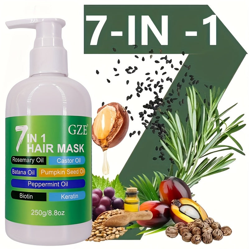 Masque capillaire GZE 7-en-1, profond soin réparateur, anti-casse et pointes fourchues, hydrate cheveux secs, enrichi en huiles, biotine et kératine.
