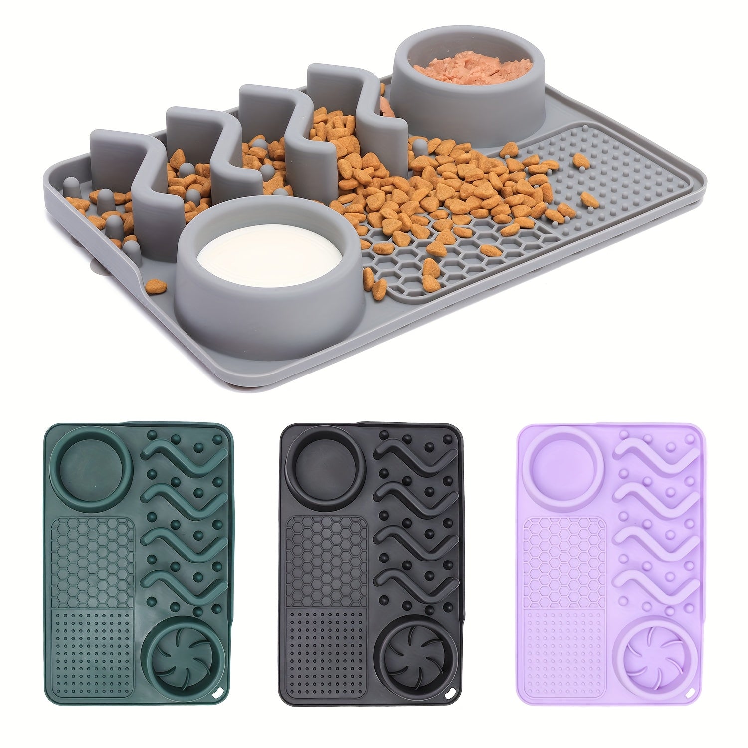Bol antistress en silicone pour chiens et chats. Bol à quatre sections pour manger lentement, design vague mignon, aide à réduire l'anxiété.
